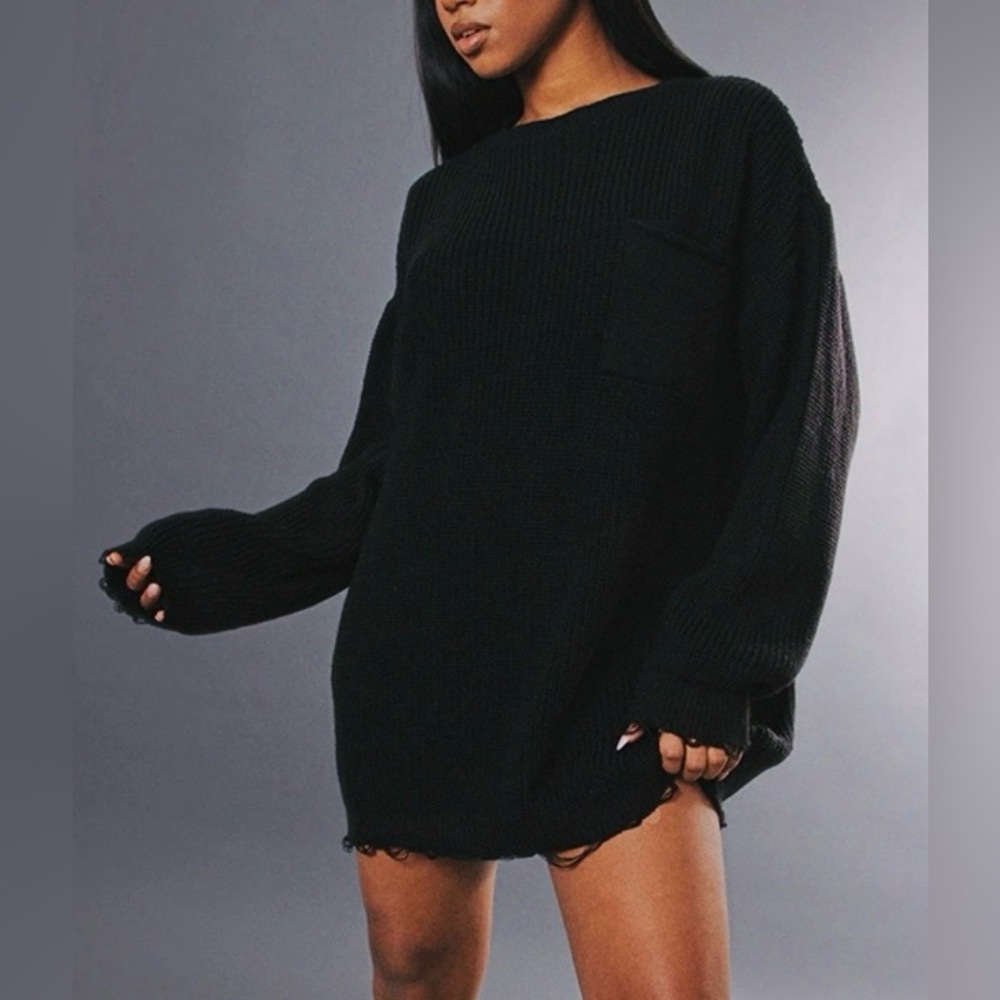 NWT Black Chunky Distressed Hem Sweater Dress